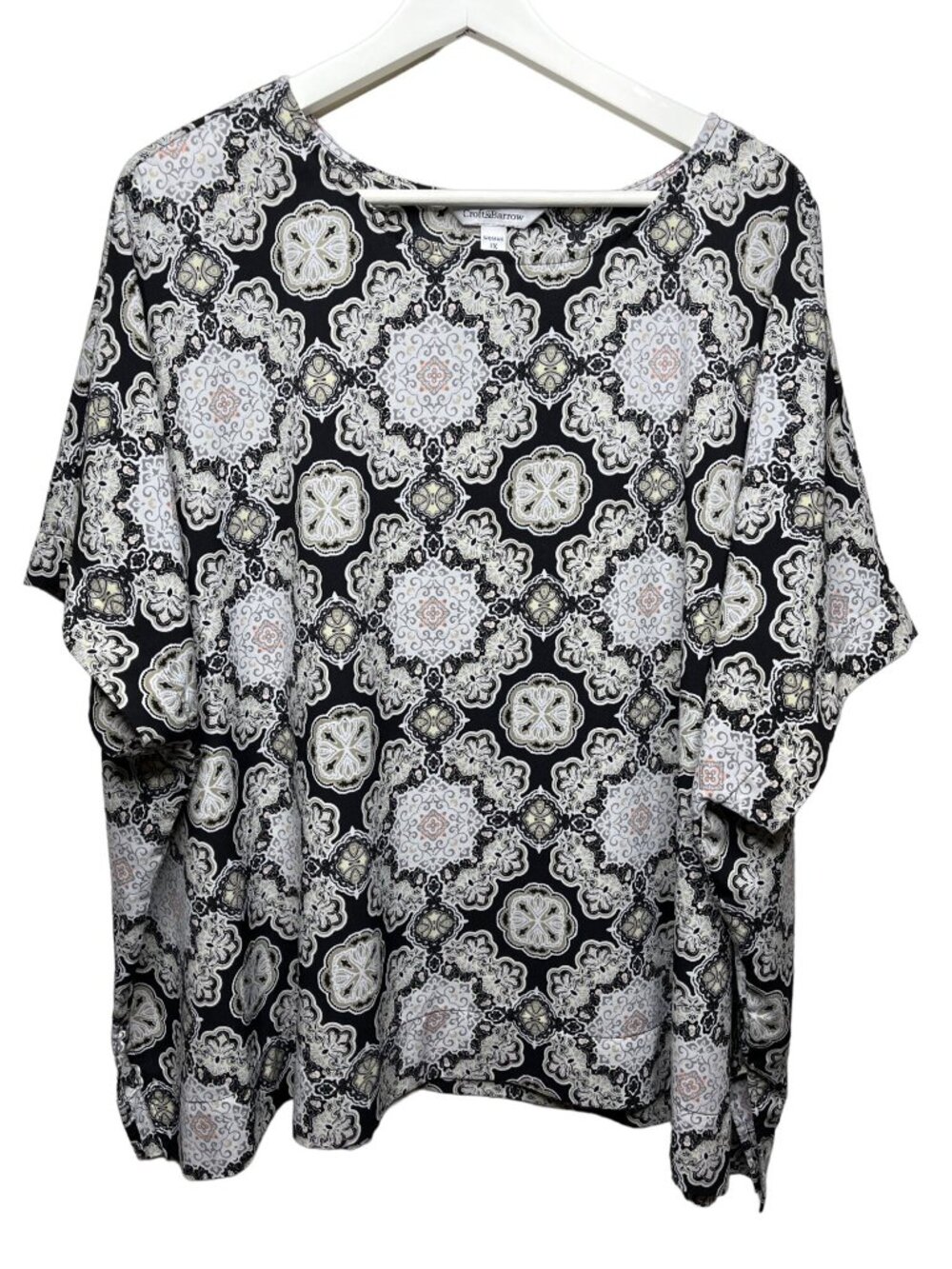 Croft & Barrow Women 1X Paisley Blouse Black White Tan Short Sleeve Top